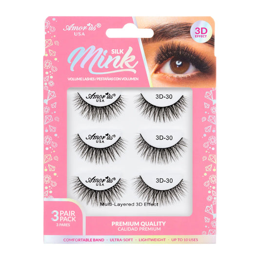 Pestañas de Banda Silk Mink 3D, Hasta 6 Usos - Estilo 30, 3 Pack - AmorUs ✦ Bajo pedido