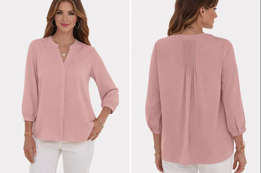 Blusa casual mangas 3/4 con cuello en V (Palo Rosa) - Talla M