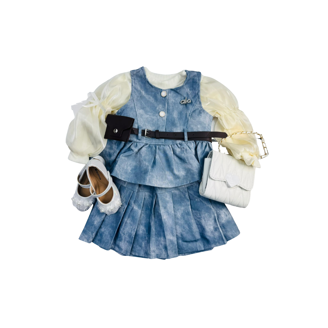 Set de 3 piezas - Mezclilla para Niña con Falda Plisada y Blusa de Tul | Outfit Elegante Infantil ✦ Bajo pedido