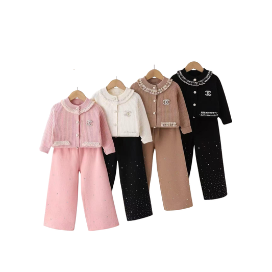 Set de 2 piezas - Conjunto de Sweater de botones y Pantalón Palazzo para Niña con aplique tipo Chanel | Set de Sweater y Pantalón (4 colores) ✦ Bajo pedido