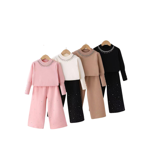 Set de 2 piezas - Conjunto de Sweater lisa con Cuello decorado y Pantalón Palazzo para Niña | Set de Sweater y Pantalón (4 colores) ✦ Bajo pedido