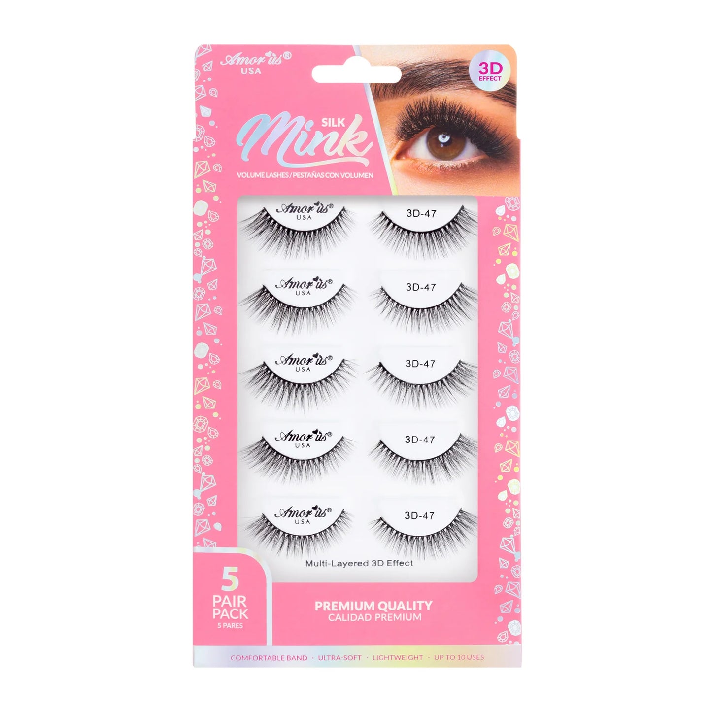 Pestañas de Banda Silk Mink 3D, Hasta 6 Usos - Estilo 47, 5 Pack - AmorUs ✦ Bajo pedido
