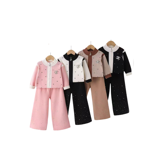 Set de 2 piezas - Conjunto de Sweater de zipper y Pantalón Palazzo para Niña con aplique tipo Chanel | Set de Sweater  y Pantalón (4 colores) ✦ Bajo pedido