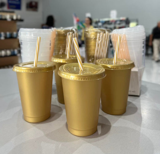 Set 4 Vasos Dorados con Pajilla para Bebidas Frías (460ml)