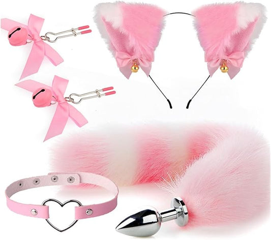 Set Cosplay Erótico Zorra Gatita - Pinzas Pezoneras, Plug Cola (Talla S), Choker Corazón y Orejas ✦ Bajo pedido