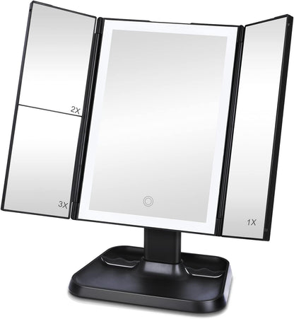 Espejo de maquillaje tríptico con 72 luces LED – 3 tipos de luz, 1x/2x/3x, con atenuación táctil de luz para uso cosmético (negro)