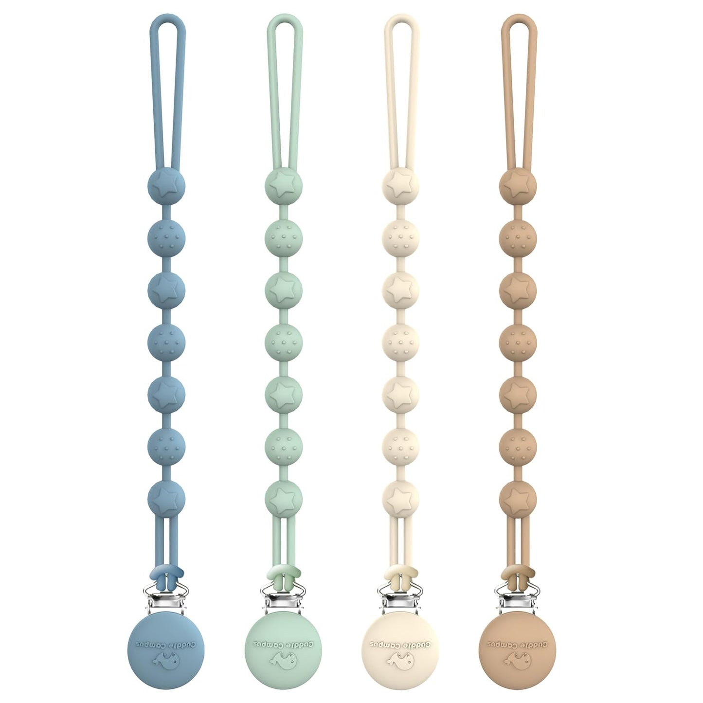 Set de 4 clips de silicona para chupete de bebé, sin BPA