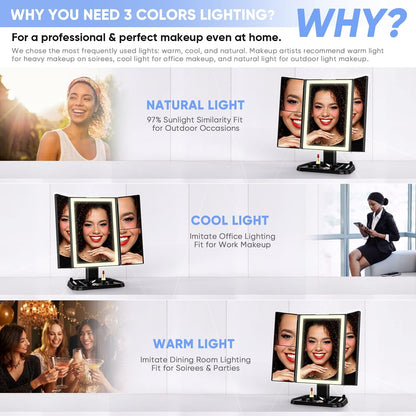 Espejo de maquillaje tríptico con 72 luces LED – 3 tipos de luz, 1x/2x/3x, con atenuación táctil de luz para uso cosmético (negro)
