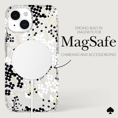 Estuche iPhone 15 Plus compatible con MagSafe - Kate Spade (Floral, blanco, negro y dorado)