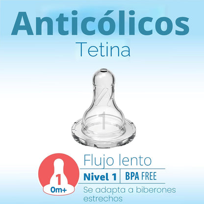 Set de 4 Biberones Estrechos Anti Cólicos Dr Brown's 4oz, Tetina Nivel  - 0m+