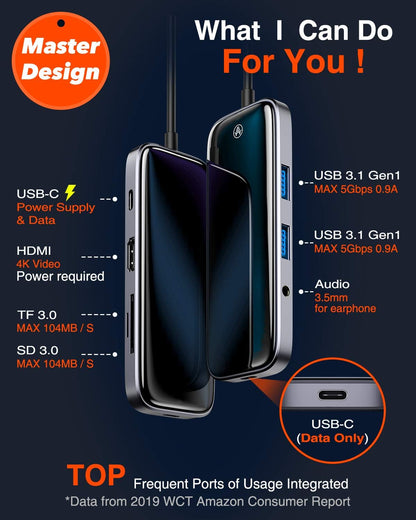 Hub Multipuerto Adaptador USB, C, Auxiliar, HDMI, TF3.0, SD 3.0 - VANMASS