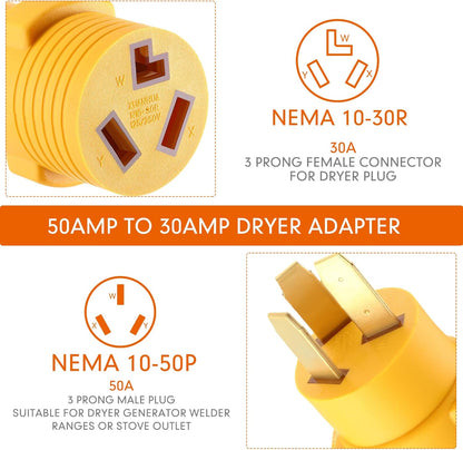 Kanayu Adaptador de Secadora Sompatible con NEMA 10-50P a 10-30R, Enchufe Macho de 3 clavijas de 50 amperios a adaptador de conector hembra de 30 amperios, receptáculo de secadora para estilo antiguo