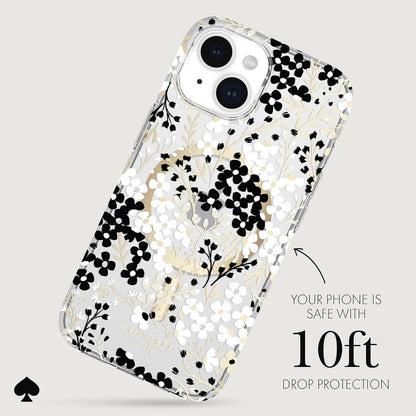 Estuche iPhone 15 Plus compatible con MagSafe - Kate Spade (Floral, blanco, negro y dorado)