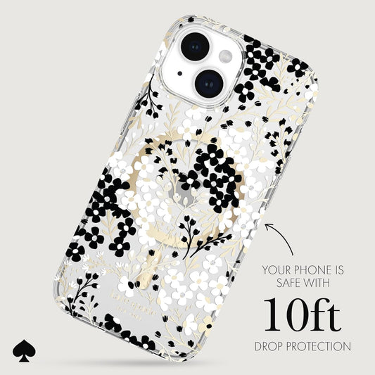 Estuche iPhone 15 Plus compatible con MagSafe - Kate Spade (Floral, blanco, negro y dorado)