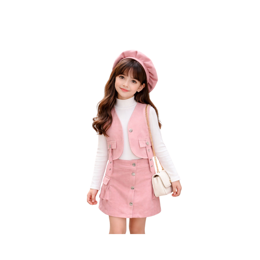 Set de 4 piezas - Conjunto Infantil Elegante para Niña | Set de 4 Piezas con Blusa, Chaleco, Enagua y Boina (2 colores) ✦ Bajo pedido