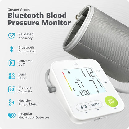 Monitor de presión arterial Bluetooth para uso doméstico, máquina BP de brazo superior con puño de amplio rango, lecturas digitales precisas, aplicación Balance Health - Greater Goods