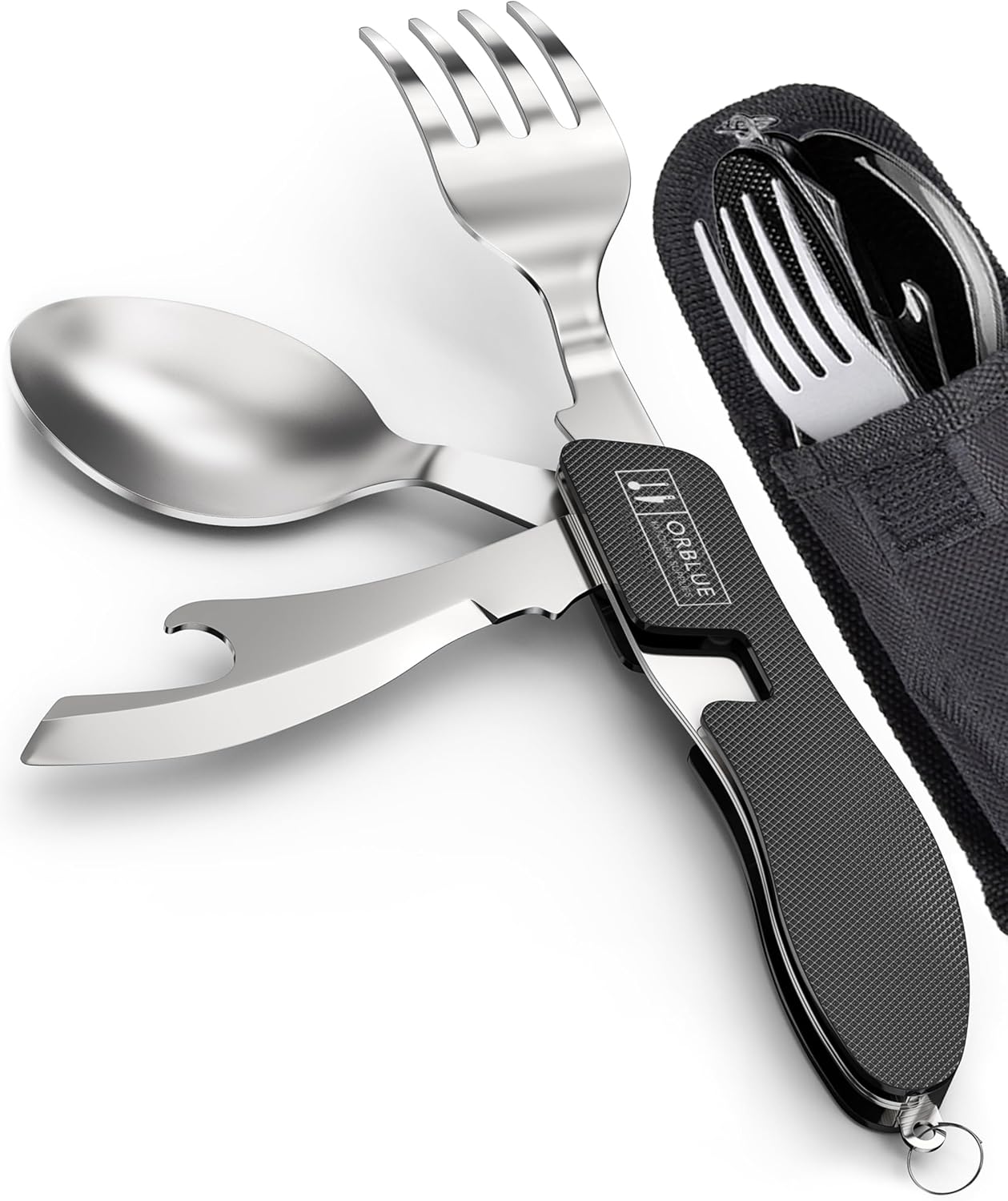 Set de 2 Orblue Utensilios de comida 4 en 1 Orblue - Cuchara portátil, tenedor, cuchillo y abridor de botellas - Cubiertos de acero inoxidable con tenedor desmontable