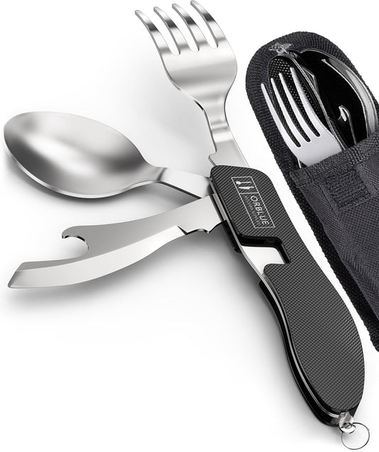 Set de 2 Orblue Utensilios de comida 4 en 1 Orblue - Cuchara portátil, tenedor, cuchillo y abridor de botellas - Cubiertos de acero inoxidable con tenedor desmontable