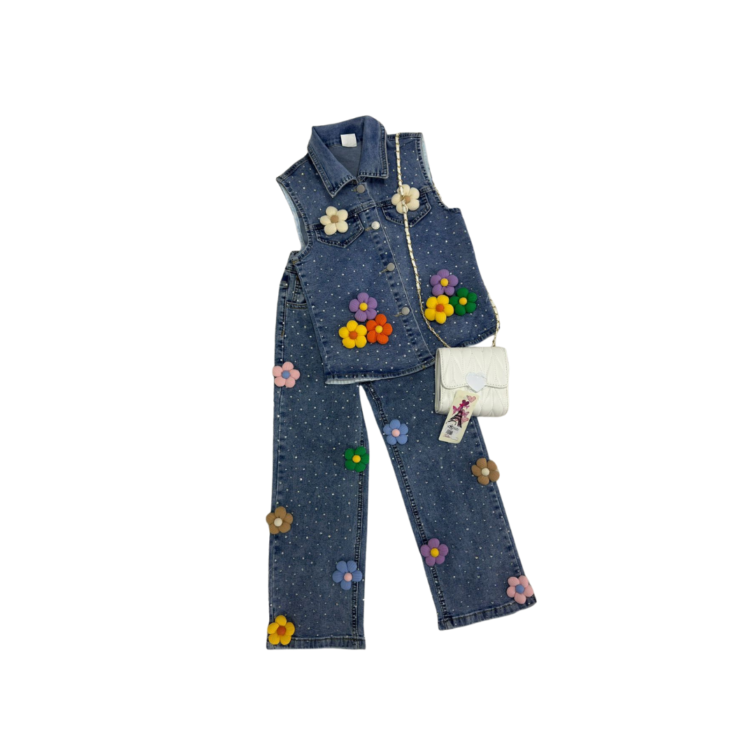 Set de 2 piezas - Conjunto de Mezclilla para Niña con Chaleco y Pantalón Decorado con Flores | Outfit Infantil Moderno ✦ Bajo pedido