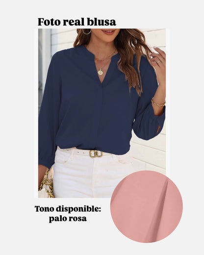 Blusa casual mangas 3/4 con cuello en V (Palo Rosa) - Talla M