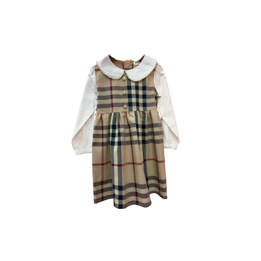 Vestido Cuadros para Niña con Cuello Peter Pan y Perlas | Elegancia Clásica✦ Bajo pedido