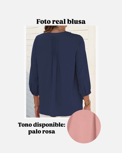 Blusa casual mangas 3/4 con cuello en V (Palo Rosa) - Talla M