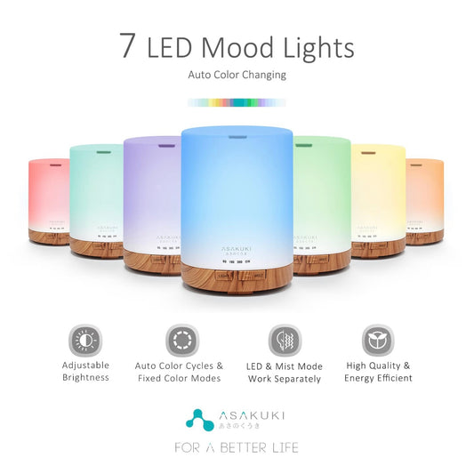 Difusor ASAKUKI de 300 ml, humidificador silencioso 5 en 1 premium, difusor de aromas naturales para el hogar con luz LED de 7 colores cambiantes e interruptor de seguridad de apagado automático