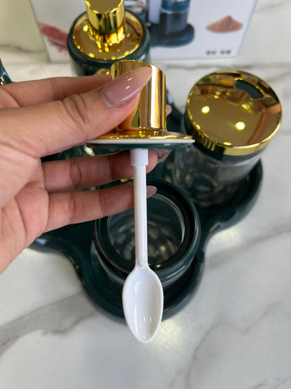 Set Especiero Condimenteel de Mesa, Dispensador de Aceite de Mesa (Verde Esmeralda, Dorado)