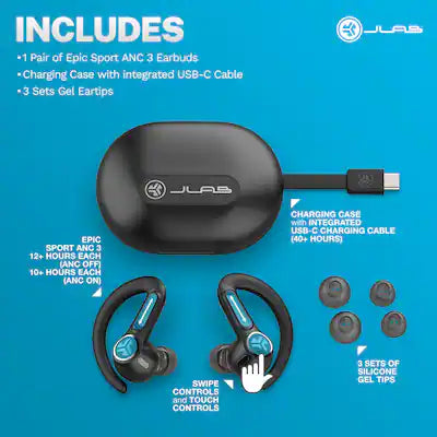 JLab Epic Sport ANC 3 – Audífonos Deportivos True Wireless con Cancelación Activa de Ruido – Negro