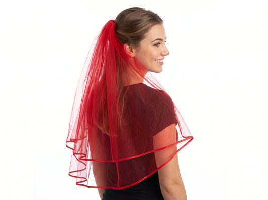 Velo de Novia Rojo Sencillo con Peineta para Disfraz