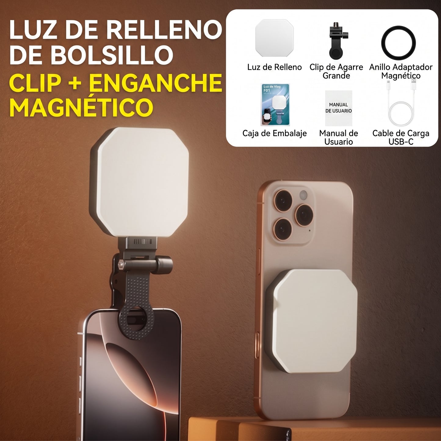 Luz LED Portátil  F01 con Clip y Enganche Magnético, 49 LEDs, Tres Tipos de Luz ✦ Bajo pedido