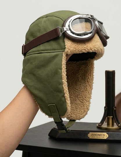 Sombrero de Piloto Retro Verde Musgo con Goggles Plateados