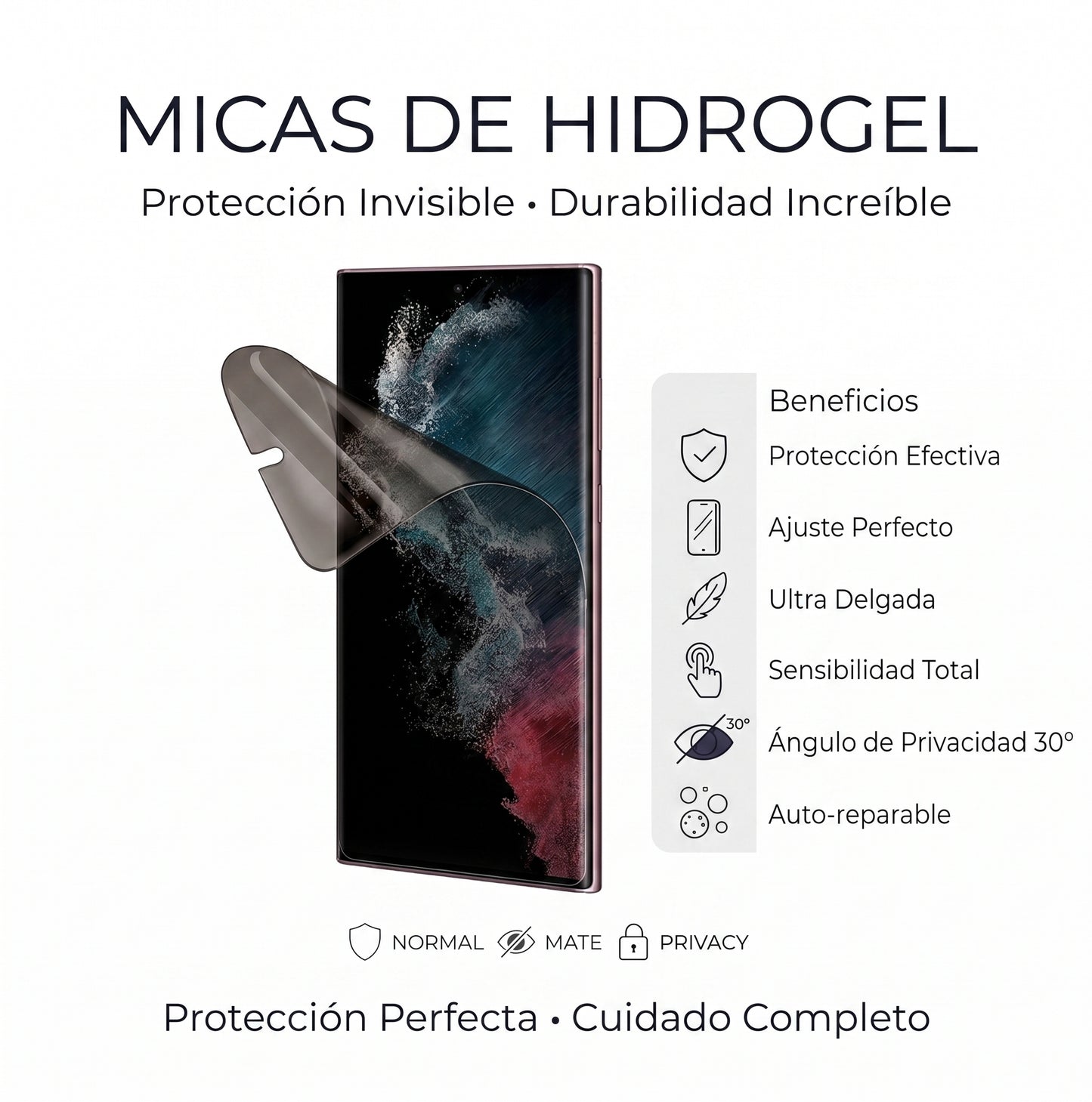 Temperado de Hidrogel Antiespía para iPhone, Samsung, Honor y Xiaomi ✦ Bajo pedido