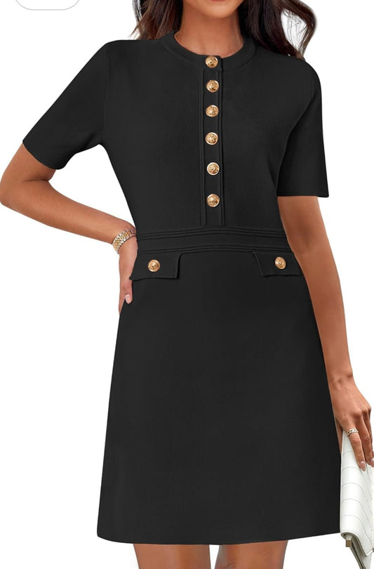 Vestido Negro Formal con Botones Dorados (Talla L)