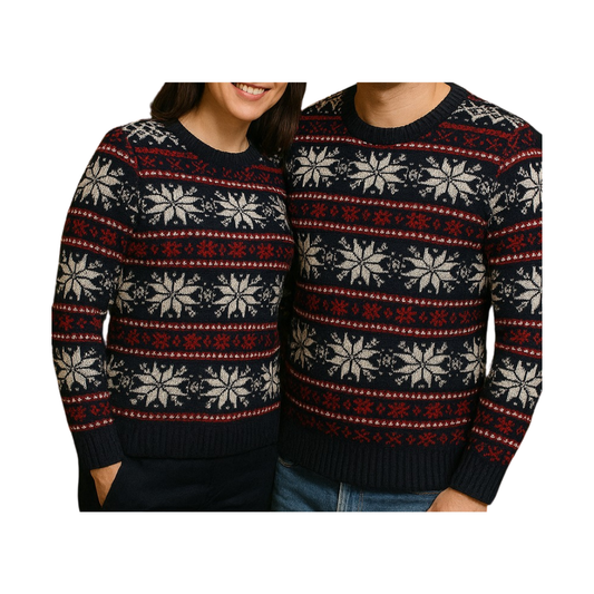 Abrigo Navideño, Ugly Sweater Adulto Dama (XL) y Caballero (XXL) - Copos de Nieve ✦ Bajo pedido