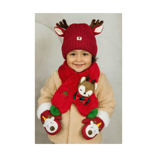 Set 3PCZ Gorro, Bufanda, Guantes Infantil Navideños Reno 3D ✦ Bajo pedido