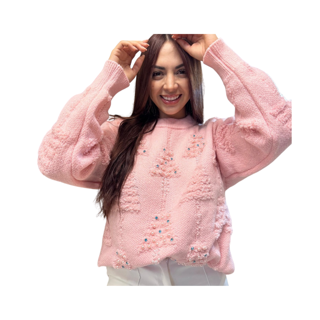 Abrigo Navideño, Ugly Sweater Adulto Dama - Árboles Rosa (Unitalla) ✦ Bajo pedido