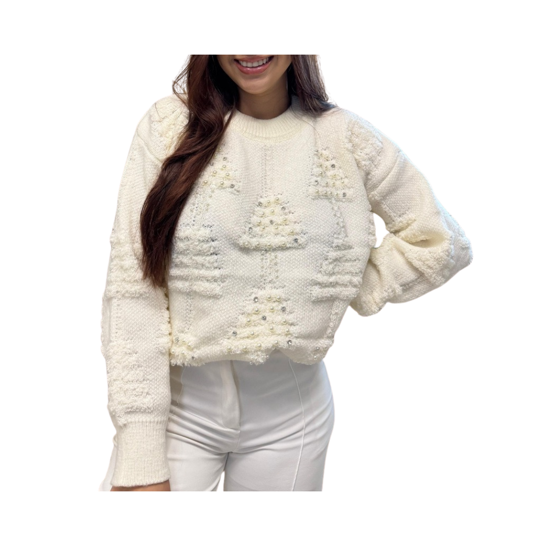 Abrigo Navideño, Ugly Sweater Adulto Dama - Árboles Blanco (Unitalla) ✦ Bajo pedido