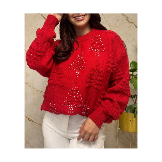 Abrigo Navideño, Ugly Sweater Adulto Dama - Árboles Rojo (Unitalla) ✦ Bajo pedido