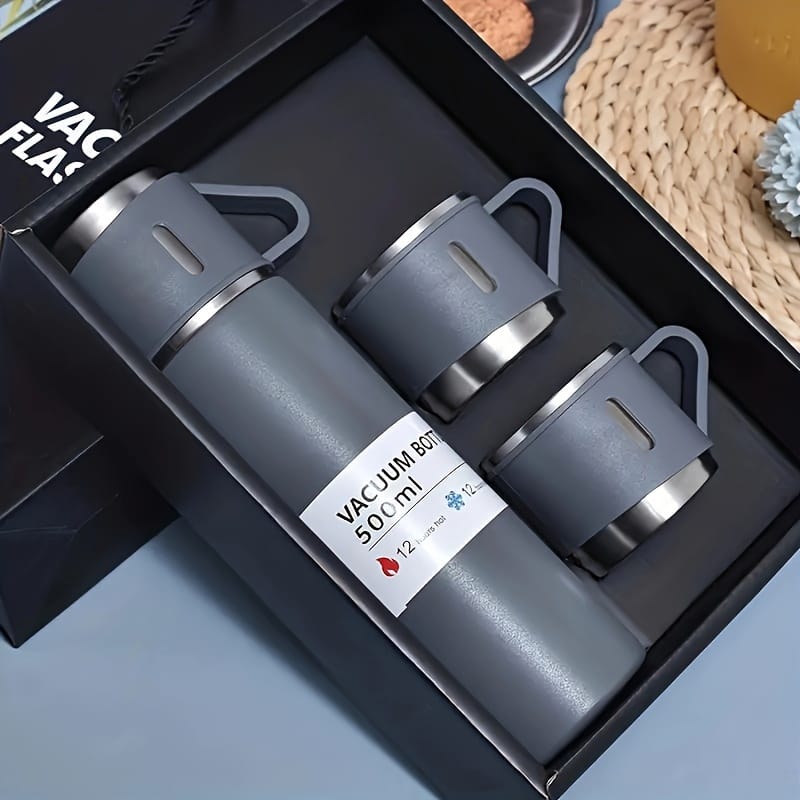 Set Botella Térmica al Vacío + 3 Tazas Térmicas para Viaje Vacuum Flask (500ml) - 4 colores