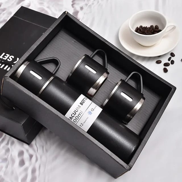 Set Botella Térmica al Vacío + 3 Tazas Térmicas para Viaje Vacuum Flask (500ml) - 4 colores