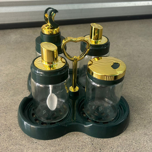 Set Condimentero de Mesa, Dispensador de Aceite de Mesa (Verde Esmeralda, Dorado)