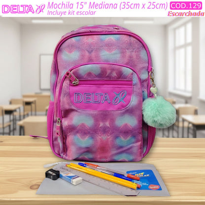 Salveque Mochila Glitter Pompon 15" Mediana - Delta (3 Estilos) ✦ Bajo pedido