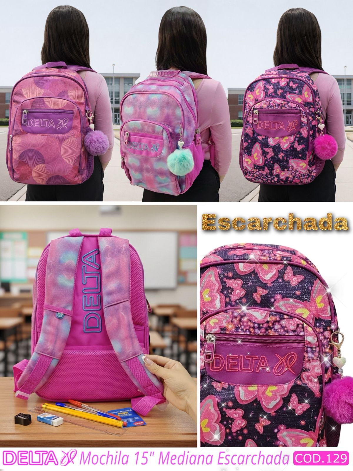 Salveque Mochila Glitter Pompon 15" Mediana - Delta (3 Estilos) ✦ Bajo pedido