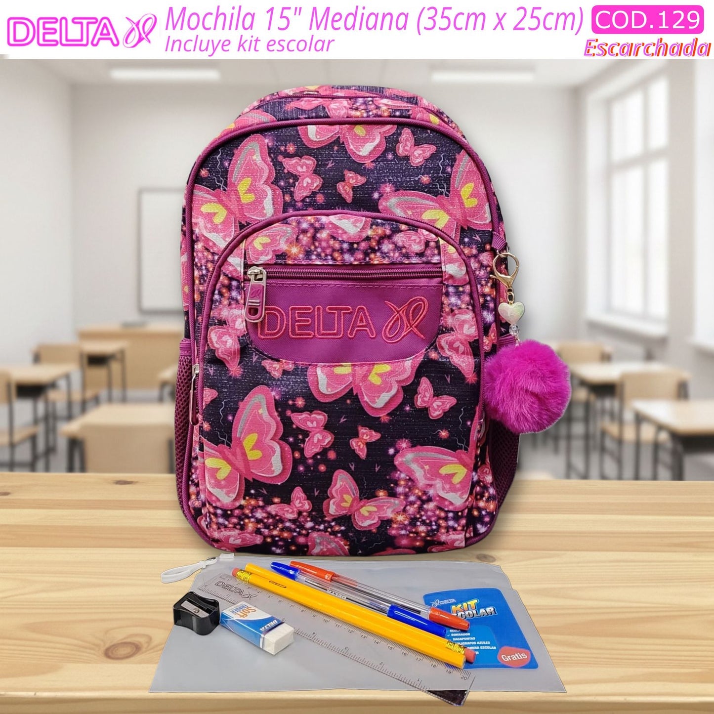Salveque Mochila Glitter Pompon 15" Mediana - Delta (3 Estilos) ✦ Bajo pedido