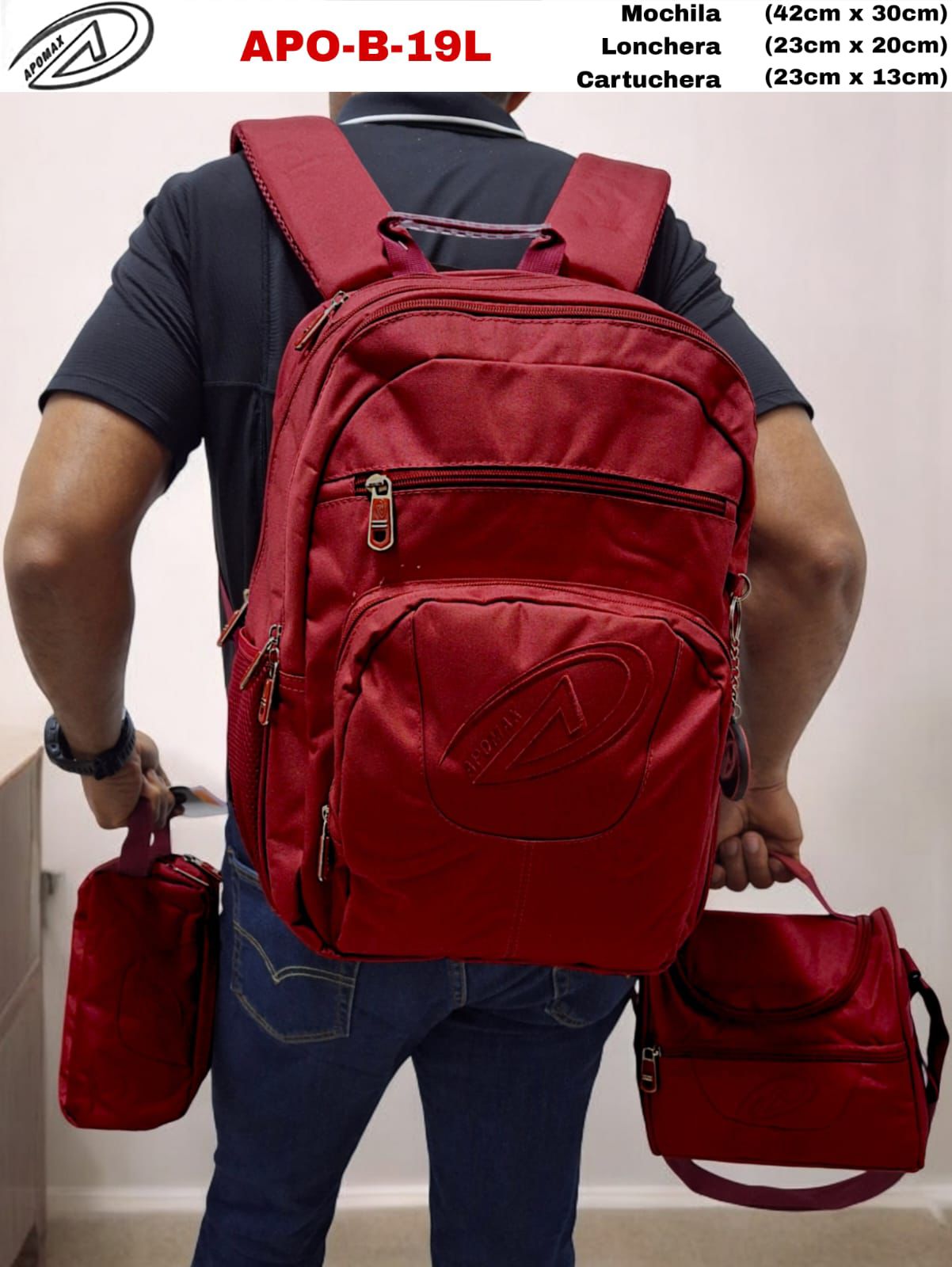 Kit Salveque Mochila Lisa 17" Grande + Lonchera + Cartuchera - Apomax (Rojo, Azul) ✦ Bajo pedido