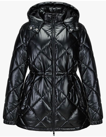 Chaqueta acolchada de diamante brillante de invierno para mujer, longitud media, cremallera completa, ligera, con capucha desmontable | Negro, Talla XL - CRISREXXO