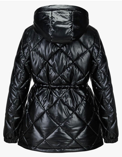Chaqueta acolchada de diamante brillante de invierno para mujer, longitud media, cremallera completa, ligera, con capucha desmontable | Negro, Talla XL - CRISREXXO