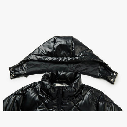 Chaqueta acolchada de diamante brillante de invierno para mujer, longitud media, cremallera completa, ligera, con capucha desmontable | Negro, Talla XL - CRISREXXO