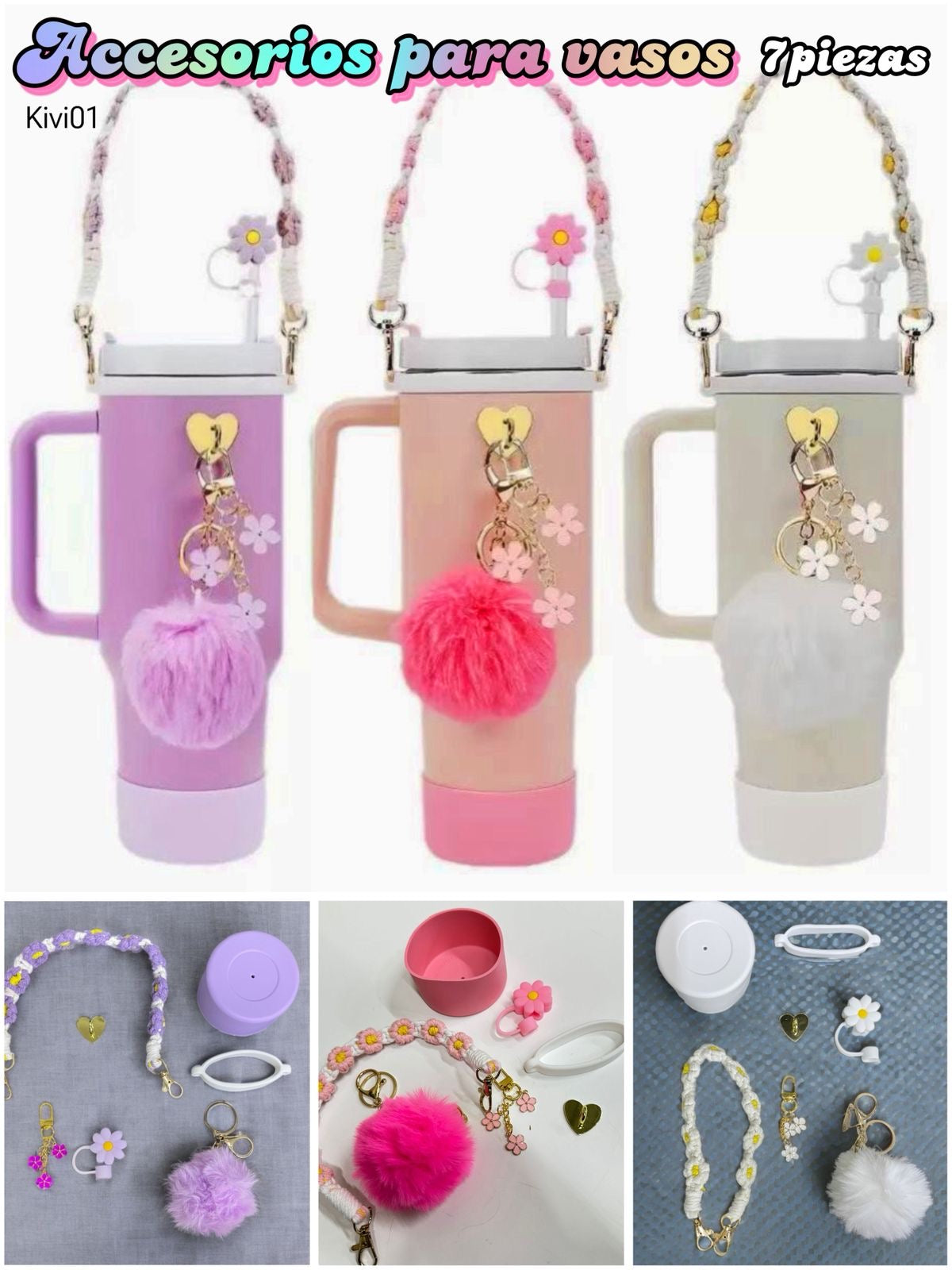 Set de Accesorios para Botella Stanley y Owala - Blanco